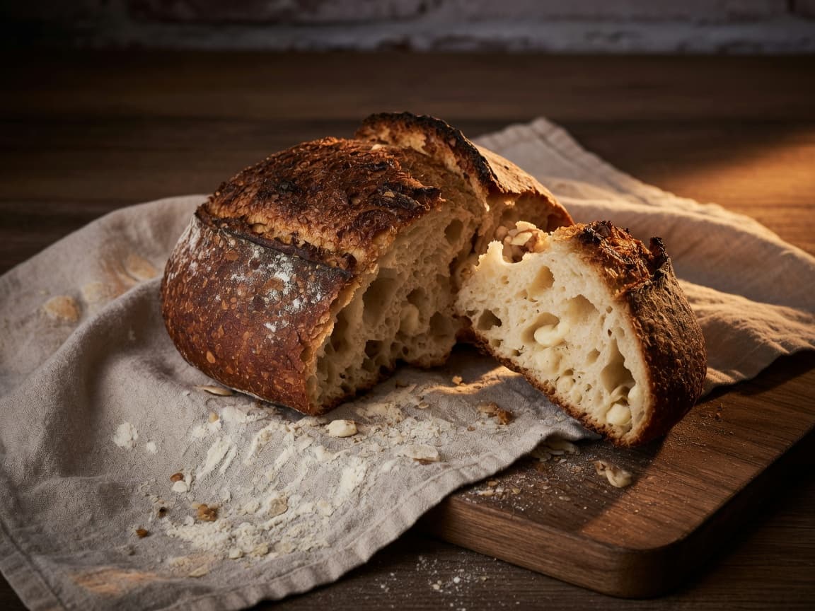 Artisan sourdough boule torn open on linen